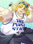 anthro belly blep blonde_hair blue_eyes clothing eyewear floppy_ears goggles hair male one_eye_closed overweight overweight_male shirt solo tank_top tongue tongue_out topwear wink amidasuke lifewonders live_a_hero hisaki_(live_a_hero) canid canine canis domestic_dog mammal absurd_res hi_res