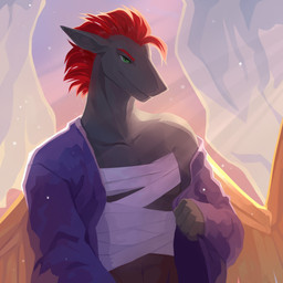 anthro bandage bandaged_chest blue_clothing blue_topwear clothed clothing feathered_wings feathers front_view glistening glistening_eyes green_eyes grey_body hair male midriff mouth_closed navel open_clothing open_topwear orange_body orange_feathers orange_wings pupils red_hair slit_pupils solo topwear unsigned wings corzh77 nintendo pokemon generation_5_pokemon pokemon_(species) sergal zoroark 1:1 absurd_res half-length_portrait hi_res portrait