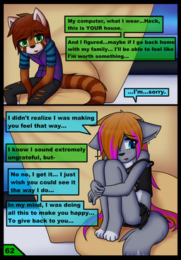 alternative_fashion anthro barefoot black_border border bottomless bottomwear clothed clothing dialogue duo emo feet female jewelry male midriff piercing punk skirt speech_bubble text upskirt young dream_mirage axel_biersack kayla_kitsune ailurid canid canine canis fox hybrid mammal red_panda wolf comic english_text hi_res