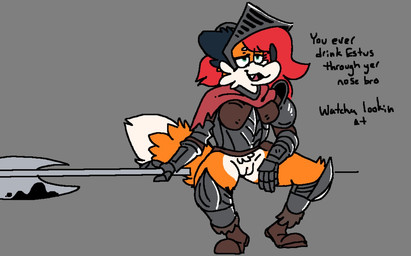 anthro armor axe bottomless clothed clothing dialogue female fur genitals hair half-closed_eyes melee_weapon narrowed_eyes oblivious open_mouth simple_background smile solo text vulva weapon peppertoasty dark_souls fromsoftware pepper_(sketchytoasty) canid canine fox mammal digital_media_(artwork) english_text