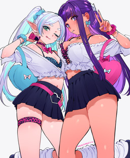;p alternative_fashion animal_print black_bottomwear black_clothing black_skirt blue_bra blue_clothing blue_eyeshadow blue_hair blue_underwear blush blush_lines bottomwear bow_tie bra bracelet breast_size_difference breasts candy choker cleavage clothed clothing colored_nails dessert duo ear_piercing electronics eyeshadow female female_human female_humanoid food gesture green_eyes gyaru hair hand_gesture hand_on_hip hand_on_own_hip holding_object humanoid_pointy_ears j-fashion jaguar_print jewelry kneeling leg_warmers legwear lollipop lollipop_in_mouth long_hair looking_at_viewer makeup medium_breasts midriff nails necklace not_furry one_eye_closed piercing pink_bra pink_clothing pink_nails pink_underwear pleated_skirt pointy_ears portable_music_player purple_eyes purple_hair scrunchie shirt shoulder_bag simple_background skindentation skirt small_breasts smile smiling_at_viewer text thigh_strap tongue tongue_out topwear twintails_(hairstyle) underwear v_sign white_background white_clothing white_hair white_leg_warmers white_legwear white_shirt white_topwear wink winking_at_viewer qiandaiyiyu frieren_beyond_journey's_end fern_(frieren) frieren elf human humanoid mammal absurd_res digital_drawing_(artwork) digital_media_(artwork) hi_res url