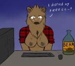 alcohol anthro beverage black_nose blush bottle breasts brown_body brown_fur chest_tuft clothed clothing container desktop drawing_tablet electronics female fur looking_down neck_tuft nipples open_clothing open_shirt open_topwear plaid shirt solo stylus tablet text topwear tuft slinkoboy trout_(character) bear mammal