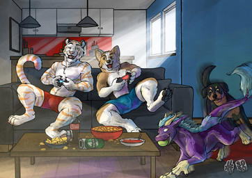 ambiguous_feral ambiguous_gender anthro athletic athletic_anthro athletic_male black_body black_claws black_fur brown_eyes bulge chips_(food) claws clothed clothing feral finger_claws food front_view fur furniture glistening glistening_eyes green_eyes grey_pawpads group inside leg_markings male male_anthro markings motion_blur on_sofa open_mouth open_smile pawpads pink_pawpads purple_body purple_fur running side_view sitting smile socks_(marking) sofa striped_arms striped_legs striped_markings striped_tail stripes table tail tail_markings toe_claws topless white_body white_fur yellow_eyes hufnaar mythology canid canine canis domestic_dog dragon felid furred_dragon furred_scalie mammal mythological_creature mythological_scalie pantherine scalie tiger 2024 absurd_res dated hi_res