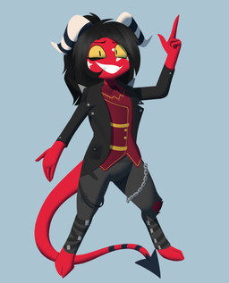 anthro black_bottomwear black_clothing black_hair black_jacket black_pants black_topwear bottomwear chain_accessory clothing female hair horn jacket pants red_body red_clothing red_shirt red_topwear shirt solo tail topwear white_horn yellow_sclera artesderatzyu hellaverse kayla_(razorthefox) humanoid imp absurd_res hi_res