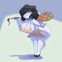 4_fingers anthro apron beret big_breasts big_butt black_hair breasts brush buckteeth butt clothed clothed_anthro clothed_female clothing female fingers footwear hair hair_over_eye hat headgear headwear holding_brush holding_object holding_paintbrush huge_butt looking_at_viewer paint paint_palette paintbrush red_eyes smile solo teeth thick_thighs wide_hips bigdad genevieve_bonnet lagomorph leporid mammal rabbit 2025