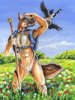 ambiguous_gender anthro backpack backpack_only black_body black_eyes black_feathers black_fur blue_eyes brown_body brown_feathers brown_fur cloud collar fangs feathered_wings feathers featureless_crotch feral flower flying fur grass male nude outside pawpads plant shading_eyes sky solo standing tan_body tan_fur teeth tongue tongue_out tree walking_stick white_body white_feathers wings heather_bruton anatid anseriform anserine avian bird canada_goose canid canine canis domestic_dog german_shepherd goose herding_dog mammal pastoral_dog 2026