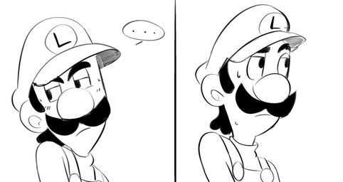 2_panel_comic alternate_universe big_nose biped black_eyebrows black_eyes black_facial_hair black_hair black_mustache blush blush_lines bodily_fluids button_(fastener) closed_frown clothed clothed_human clothed_male clothing ellipsis eyebrows facial_hair frown fully_clothed fully_clothed_human fully_clothed_male hair hat headgear headwear human_only lidded_eyes looking_back male male_human mouth_closed mustache no_pupils not_furry overalls shirt simple_background solo speech_bubble sweat sweatdrop topwear white_background white_body white_clothing white_hat white_headwear white_overalls white_shirt white_skin white_topwear cbfanart mario_bros nintendo super_mario_bros.:_peach-hime_kyushutsu_dai_sakusen! luigi human mammal 2025 comic digital_drawing_(artwork) digital_media_(artwork) english_description hi_res monochrome shaded