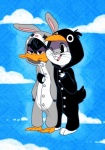 anthro beak bunny_costume clothing cloud cosplay costume duck_costume duo kigurumi male onesie outside rabbit_fursuit role_reversal sky skyscape not-a-comedian looney_tunes warner_brothers bugs_bunny daffy_duck anatid anseriform avian bird duck lagomorph leporid mammal rabbit