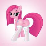 1:1 2015 anus blue_eyes butt clothing cutie_mark earth_pony equid equine female feral friendship_is_magic hair hasbro hi_res hisexpliciteditor horse legwear long_hair looking_at_viewer looking_back mammal my_little_pony nude pink_hair pink_theme pinkamena_(mlp) pinkie_pie_(mlp) pony pyruvate solo stockings straight_hair third-party_edit update vaginal