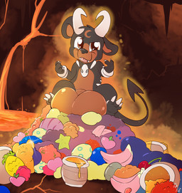 2_horns animal_genitalia balls big_balls black_body black_fur black_nose claws countershade_face countershade_fur countershade_torso countershading crescent_moon_(marking) facial_markings feral food forehead_markings front_view fruit fully_sheathed fur genitals head_markings honey_(food) horn huge_balls hyper hyper_balls hyper_genitalia inside lava looking_at_viewer male markings moon_(marking) multicolored_body plant pokemon_berry quadruped red_body red_countershading red_fur sheath sitting solo spade_tail tail teeth tongue tongue_out two_tone_body fuf nintendo pokemon generation_2_pokemon houndoom hybrid pokemon_(species) teddiursa 2019 hi_res