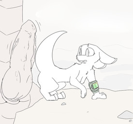 all_fours big_penis bodily_fluids breasts digitigrade duo ears_back female feral fur genital_fluids genitals it'll_never_fit knot looking_back male male/female nipples nubbed_penis nude outside penis pip-boy pivoted_ears precum semi-anthro size_difference small_breasts solo_focus wasteland white_body white_fur aquest fallout microsoft alien deathclaw scalie unknown_species 2017 line_art