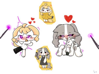 anthro beret blush clothed clothing dildo duo female genitals hat headgear headwear heart_eyes heart_symbol kissing magic open_mouth penetration penis sex_toy surprised tongue vaginal vulva unknown_artist makemon canid canine canis domestic_dog humanoid mammal 4:3