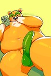 anthro balls big_penis cellphone electronics erection genitals lying male navel overweight overweight_anthro overweight_male penis phone smartphone solo yellow_body bozobin animal_crossing nintendo nate_(animal_crossing) bear mammal 2021 hi_res