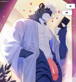 abs anthro blue_body clothing electronics genitals glans hand_in_pocket heart_symbol holding_object holding_phone humanoid_genitalia humanoid_penis male male_anthro multicolored_body pecs penis phone pockets robe robe_only solo standing striped_body stripes white_body yellow_eyes krapekk felid mammal pantherine tiger hi_res