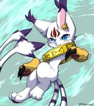 ambiguous_gender anthro bell black_claws blue_eyes claws collar feet fingers fur hindpaw looking_at_viewer markings pawpads paws pupils slit_pupils smile solo toes whiskers white_body white_fur kurogin_(artist) bandai_namco digimon digimon_(species) felid feline felis gatomon_x mammal x-digimon digital_media_(artwork) signature