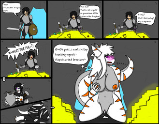 anthro armor big_breasts black_hair blue_eyes blush blush_lines bodily_fluids bottomwear breasts clothing crossgender curse cursed_object dialogue female gender_transformation genital_fluids genitals gold_(metal) grey_body hair hoard jewelry knight long_hair male melee_weapon moan mtf_transformation nipples nude orange_eyes orange_nipples pants pink_eyes ripping shirt short_hair solo sword tail text thick_thighs topwear torn_clothing transformation treasure vaginal_fluids vulva warrior weapon white_hair reena_dreamer mythology dragon human mammal mythological_creature mythological_scalie scalie absurd_res comic english_text hi_res