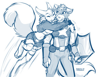 anthro biped bottomwear breasts claws clothed clothed_anthro clothed_female clothed_male clothing cosplay digitigrade duo eyes_closed feet female fingers fluffy fluffy_tail footwear front_view fully_clothed fully_clothed_anthro fully_clothed_female fully_clothed_male fur hair holding_object holding_shield hug jumping legwear looking_at_another looking_back looking_back_at_another male mask midriff navel shield simple_background smile standing tail thigh_highs toeless_footwear toes topwear white_background conditional_dnp tom_fischbach marvel twokinds captain_america mrs._nibbly squirrel_girl_(marvel) sythe_(twokinds) canid canine canis keidran mammal rodent sciurid tree_squirrel wolf 2026 5:4 blue_and_white digital_drawing_(artwork) digital_media_(artwork) hi_res monochrome sketch
