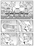absurd_res ambiguous_gender anthro bench black_and_white canid canine clothed clothing comic dialogue duo english_text fox full-length_portrait greyscale hi_res hybrid inner_ear_fluff kif_yppreah kifyun2 male mammal monochrome necktie plant portrait raphael_yppreah scar sibling_(lore) simple_background sitting speech_bubble tattoo text tuft wounded