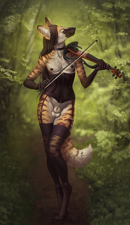 4_toes 5_fingers animal_genitalia anthro balls bowed_string_instrument brown_body brown_fur brown_hair clothed clothing corset day detailed_background digitigrade eyes_closed feet femboy fingers forest fully_sheathed fur genitals grass hair hindpaw lingerie long_hair male musical_instrument outside paws plant sheath solo string_instrument striped_body striped_fur stripes toes topwear tree violin himeragoldtail heron_stellanimus canid canine mammal maned_wolf 2021 digital_media_(artwork) hi_res
