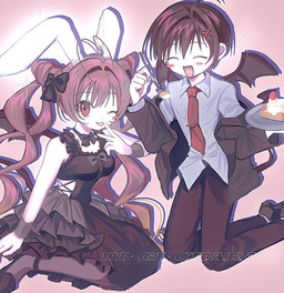 5_fingers accessory adolescent ahoge alternate_species black_bottomwear black_clothing black_coat black_dress black_footwear black_hair_bow black_pants black_shoes black_tail black_topwear black_wings blush blush_stickers bottomwear bow_ribbon brown_hair cake clothed clothing coat dessert dress duo ear_piercing eyes_closed female female_humanoid fingers food footwear frilly frilly_clothing fully_clothed hair hair_accessory hair_bow hair_ribbon hairclip holding_fork holding_object holding_plate humanoid_ears kneeling light_body light_skin looking_at_viewer male male_humanoid membrane_(anatomy) membranous_wings necktie one_eye_closed open_mouth open_smile pants piercing pink_eyes pink_hair plate red_hairclip red_necktie ribbons shoes sitting smile spade_tail tail text tongue tongue_out topwear twintails_(hairstyle) white_dress_shirt white_ears wings wristband young young_female young_humanoid young_male pepeppepe101 di_gi_charat hikaru_usada takuro_minagawa animal_humanoid demon demon_humanoid humanoid lagomorph lagomorph_humanoid leporid_humanoid mammal mammal_humanoid rabbit_humanoid tailed_humanoid winged_humanoid copyright_name hi_res unavailable_at_source