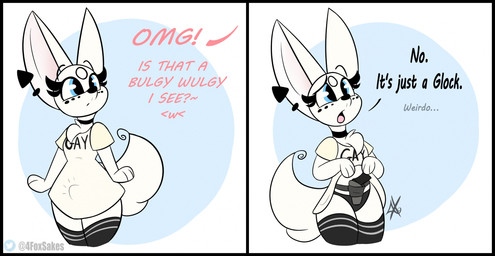 2_panel_comic anthro big_ears black_border black_clothing black_eyebrows black_legwear black_markings black_nose black_outline black_panties black_text black_thigh_highs black_underwear blue_eyes border chest_tuft circle_(marking) clothed clothing clothing_lift crossdressing dialogue ear_piercing eyebrows eyelashes facial_markings femboy fluffy fluffy_tail fur grey_text gun handgun head_markings holster holstered_pistol humor legwear looking_offscreen male markings mouth_closed offscreen_character open_mouth outline panties piercing pink_text pistol raised_eyebrows ranged_weapon shirt shirt_lift simple_background solo standing tail text text_on_clothing text_on_shirt text_on_topwear thigh_highs topwear tuft twitter_logo underwear weapon white_body white_clothing white_fur white_shirt white_topwear wide_hips 4foxsakes glock twitter alexander_leblanc_(4foxsakes) canid canine fennec_fox fox mammal true_fox 2023 artist_name comic hi_res signature