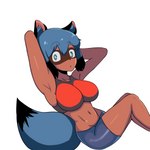 anthro bottomwear bra clothing exercise female looking_at_viewer midriff shorts sit-up solo sports_bra underwear iggy_bomb brand_new_animal studio_trigger michiru_kagemori canid canine mammal raccoon_dog tanuki 1:1 absurd_res hi_res