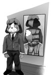 anthro blazer bottomwear claws clothed clothing crossdressing footwear lingerie looking_at_viewer male mirror shoes smile solo topwear uniform thael animal_crossing meme_clothing nintendo digby_(animal_crossing) canid canine canis domestic_dog mammal shih_tzu toy_dog hi_res meme monochrome