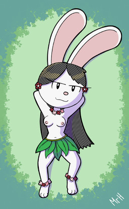 anthro breasts dakimakura female grass grass_skirt hair hands_behind_head looking_at_viewer nipples nude plant smile solo spread_legs spreading mr_harinezumi elinor_wonders_why pbs elinor_rabbit lagomorph leporid mammal rabbit absurd_res dakimakura_design hi_res