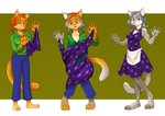 anthro apron bottomwear clothing color_change dress female fur grey_body grey_fur housewife legwear lipstick makeup orange_body orange_fur pants pantyhose polka_dots solo stepfordization ichihara-chan felicia_(feder) domestic_cat felid feline felis mammal hi_res