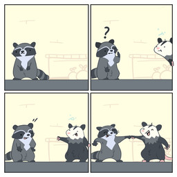 black_eyes black_nose border chibi dot_eyes duo eyes_closed feral fist_bump gesture grey_body pink_nose question_mark simple_eyes trash_bag white_border happyraccoons american_opossum mammal marsupial procyonid raccoon 2022 comic hi_res