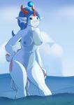 anthro blue_hair breasts bubble day ear_piercing ear_ring female hair hand_on_hip horn legs_in_water long_hair looking_at_viewer nipples non-mammal_breasts nude outside partially_submerged piercing ponytail ring_piercing scales sea solo standing standing_in_water submerged_legs water white_body white_scales wide_hips spinal22 koiquoi_(spinal22) divenka scalie signature