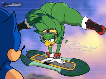 anthro beak big_butt blue_body blue_fur bodily_fluids butt clothing duo eyewear feathers femboy footwear fur gloves green_body handwear male shoes sweat sweaty_butt sinnerbunny sega sonic_riders sonic_the_hedgehog_(series) jet_the_hawk sonic_the_hedgehog accipitrid accipitriform avian bird eulipotyphlan hedgehog mammal 4:3 hi_res