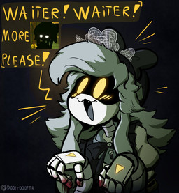 :3 black_background black_body blood blood_on_finger blood_on_hand blush blush_lines bodily_fluids bow_ribbon bow_tie button_(fastener) clothing creepy creepy_cute cute_fangs exclamation_point fangs female glowing glowing_eyes grey_body grey_hair grey_tongue hair hungry long_hair machine maid_headdress maid_uniform metal metallic_body nightmare_fuel noodle_arms offscreen_character open_mouth open_smile pigtails raised_arms screen screen_face segmented_body sharp_teeth silhouette simple_background smile solo speech_bubble teeth text tongue toony twintails_(hairstyle) uniform white_body wide_eyed yellow_eyes yellow_text diddlydooter1 glitch_productions murder_drones cyn_(murder_drones) tessa_(murder_drones) eldritch_abomination human humanoid mammal robot robot_humanoid worker_drone artist_name digital_drawing_(artwork) digital_media_(artwork) hi_res meme signature