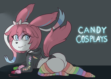 all_fours anthro anthrofied blue_eyes butt butt_focus clothing cosplay female hair legwear pink_hair raised_tail semi-anthro solo stockings tail thigh_highs unknown_artist nintendo pokemon reimachu eeveelution generation_6_pokemon pokemon_(species) sylveon source_request