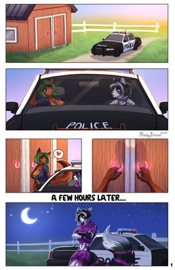 anthro barn big_breasts bottomwear bra breasts car cleavage clothed clothing crescent_moon cropped_hoodie duo female femboy fence glowing_object green_hair hair horseshoe male moon night police police_car police_officer police_uniform police_vehicle shorts skimpy smile star tail text underwear uniform vehicle waiting marleybraun canid canine canis domestic_cat felid feline felis mammal wolf 2026 comic english_text hi_res