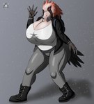 anthro backpack belt_boots big_breasts biker_jacket boots breasts clothing feathers female footwear gesture huge_breasts jacket merchant shirt shoes simple_background solo sparkles topwear trader waving covenant_(artist) vivian_(covenant) accipitrid accipitriform avian bearded_vulture bird old_world_vulture vulture hi_res