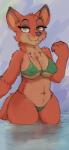 absurd_res anthro bikini breasts canid canine cashier:3 cheek_tuft chest_tuft clothing crossgender disney facial_tuft female fox fur green_eyes half-closed_eyes head_tuft hi_res legs_in_water looking_at_viewer mammal mtf_crossgender narrowed_eyes navel nick_wilde nipple_outline orange_body orange_fur partially_submerged portrait red_fox smile solo submerged_legs submerged_tail swimwear tail_in_water thick_thighs three-quarter_portrait trans_(lore) trans_woman_(lore) true_fox tuft two-piece_swimsuit under_boob wide_hipped_female wide_hips zootopia