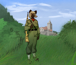 anthro army_uniform belt blue_eyes city city_background clothed clothed_anthro clothed_female clothing cloud eyebrow_through_hair eyebrows female footwear forest fur grass gun gun_belt hair holding_object holding_weapon kar98 leg_wraps looking_at_viewer outside partisan plant puttees ranged_weapon rifle shirt_pocket shoes shrub sky smile solo tan_body tan_fur translucent translucent_hair tree weapon white_hair world_war_2 wraps yugoslav_partisan yugoslavia greenblackheart veronica_(azimuthium) african_wild_dog canid canine mammal 2026 absurd_res digital_drawing_(artwork) digital_media_(artwork) hi_res shaded