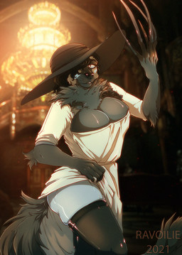 5_fingers anthro black_body black_fur black_hair breasts clothed clothing detailed_background dress female fingers fur hair hat headgear headwear smile solo sun_hat sundress wide_brim_hat ravoilie capcom resident_evil alcina_dimitrescu likan_(nakil) bow_experiment_(resident_evil) cadou_host_(resident_evil) canid canine fox mammal red_fox silver_fox true_fox vampire 2021 digital_media_(artwork) hi_res