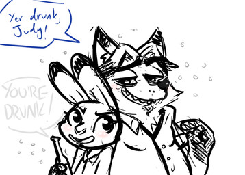 alcohol anthro beer beverage blush bottle clothed clothing container dialogue dipstick_ears drunk duo ear_markings female gesture hand_gesture holding_bottle holding_container holding_object male multicolored_ears open_mouth open_smile pointing simple_background smile speech_bubble substance_intoxication text white_background inkyfrog disney zootopia gideon_grey judy_hopps canid canine fox lagomorph leporid mammal rabbit red_fox true_fox 2017 english_text