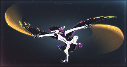 anthro breasts dancing feathers female genitals glow_trail melee_weapon paws smile solo sword vulva weapon wings shadarrius avali hi_res