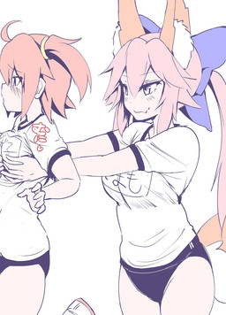 accessory ahoge animal_ears asian_clothing bare_legs big_breasts bottomwear bow_tie breast_grab breast_squish breasts buruma clothing crossgender cute_fangs east_asian_clothing fangs female fluffy_ears grabbing_another's_breast grabbing_from_behind hair hair_accessory hair_between_eyes hair_ribbon hand_on_breast japanese_clothing long_hair orange_hair outstretched_arms pink_hair ponytail prank queue ribbons scrunchie shirt short_hair side_ponytail simple_background small_breasts squish tail teeth topwear white_background white_clothing white_shirt white_topwear wisespeak fate_(series) type-moon caster_tamamo-no-mae ritsuka_fujimaru animal_humanoid canid canid_humanoid canine canine_humanoid fox_humanoid human humanoid mammal mammal_humanoid hi_res
