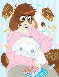 abstract_background ambiguous_gender anthro book cake candy chocolate clothed clothing cutlery dessert food fork holding_object holding_plushie hoodie kitchen_utensils looking_down open_mouth open_smile plushie smile solo tail tools topwear ferwanwan cinnamoroll sanrio cinnamon_(cinnamoroll) inanimate_object lagomorph leporid mammal rabbit 2023 hi_res