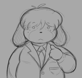3_fingers accessory anthro black_nose cartoon_freckles clothing dot_eyes eyebrows fingers floppy_ears freckled_face freckles gesture grey_background hair hand_gesture male mouth_closed necktie overweight overweight_anthro overweight_male pointing pointing_at_self raised_eyebrow simple_background simple_eyes solo suit oofmasterxd animal_crossing nintendo digby_(animal_crossing) canid canine canis domestic_dog mammal shih_tzu toy_dog 2026 greyscale guide_lines half-length_portrait monochrome portrait sketch