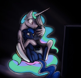 blue_eyes bodily_fluids controller dark duo electronics feathered_wings feathers female feral game_controller glowing hair horn hug multicolored_hair princess purple_eyes royalty scared sitting sparkles sweat television two_tone_hair white_body white_feathers wings mickeymonster friendship_is_magic hasbro my_little_pony mythology princess_celestia_(mlp) princess_luna_(mlp) equid equine mammal mythological_creature mythological_equine unicorn winged_unicorn 2012 crossover sibling_(lore) sister_(lore) sisters_(lore)