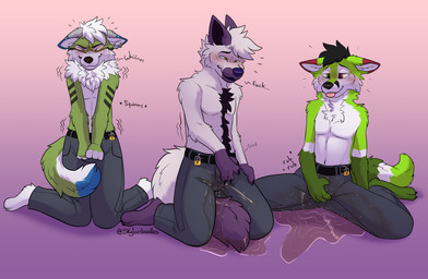 anthro aroused aroused_face aroused_male barefoot belt biceps big_bulge black_belt black_body black_chest_hair black_clothing black_fur black_hair blep blue_bottomwear blue_clothing blue_jeans blue_pants blush blush_lines bodily_fluids body_hair bottomwear bulge bulge_fondling bulge_grab bulge_rubbing chest_hair claws clothed clothing covering covering_crotch crotch_fondling crotch_grab denim denim_bottomwear denim_clothing desperation embarrassed embarrassed_expression embarrassed_horny embarrassed_male erection erection_under_clothing erection_under_pants eyes_closed feet fur genital_fluids green_body green_fur grey_body grey_fur grope group hair hand_on_crotch heterochromia holding_bulge holding_crotch holding_own_crotch humiliation humiliation_fetish jeans kneeling kneeling_on_ground looking_pleasured male male_peeing masturbation masturbation_through_clothing multicolored_body multicolored_fur narrowed_eyes omorashi pants pants_wetting pecs peeing peeing_on_body peeing_on_ground peeing_on_hand peeing_on_leg peeing_on_self peeing_on_tail peeing_through peeing_through_clothing peeing_through_pants peeing_together penile penile_masturbation presenting presenting_crotch profanity purple_background purple_body purple_fur relieved rubbing_crotch secretly_horny secretly_loves_it self_grope shaking simple_background spread_legs spreading squint squirming tail tongue tongue_out topless topless_anthro topless_male trio urine urine_on_body urine_on_ground urine_on_hand urine_on_leg urine_on_self urine_on_tail urine_pool urine_stream urine_through urine_through_clothing vibrating watersports wet wet_bottomwear wet_clothing wet_pants wetting wetting_bottomwear wetting_pants wetting_together whimper whining white_body white_fur white_hair skylardoodles poko_(kopup) siren_atlas zelenyy canid canine canis domestic_dog fox husky mammal nordic_sled_dog spitz