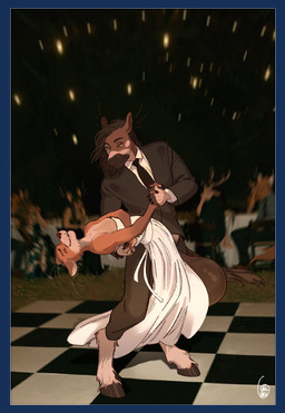 anthro balls big_balls big_penis black_tie_(suit) bow_tie clothed clothing cock_transformation conjoined dancing dress duo female fur genitals hair huge_balls hyper hyper_balls hyper_genitalia male penis smile suit tail topwear transformation oukaarts broderick_longshanks canid canine equid equine fox horse mammal true_fox absurd_res digital_media_(artwork) hi_res