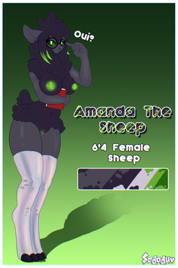 anthro big_breasts border breasts eyewear female french genitals glass glasses glowing glowing_genitalia glowing_nipples mature_female nipples solo text white_border wide_hips sodaduv amanda_(sodaduv) bovid caprine mammal sheep absurd_res english_text hi_res model_sheet