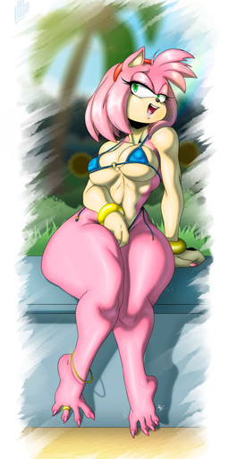 accessory anklet anthro big_breasts bikini black_nose blue_bikini blue_clothing blue_swimwear bracelet breasts clothing colored_nails eyelashes feet female fur green_eyes hair hair_accessory hairband head_tuft jewelry nails navel nipple_outline open_mouth open_smile pink_body pink_fur pink_hair pink_nails short_hair sitting smile solo swimwear tan_body tan_fur thick_thighs tuft two-piece_swimsuit wide_hips hiliwd sega sonic_the_hedgehog_(series) amy_rose eulipotyphlan hedgehog mammal absurd_res hi_res