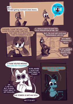 anthro boots clothing crouching dialogue dress duo ear_piercing electronics female footwear holding_object holding_phone phone phone_call piercing shoes speech_bubble surprised text texting vanilla_candy amelia_is_calling eleanor_(vanilla_candy) jay_(vanilla_candy) avian bird mammal procyonid raccoon absurd_res comic english_text hi_res restricted_palette